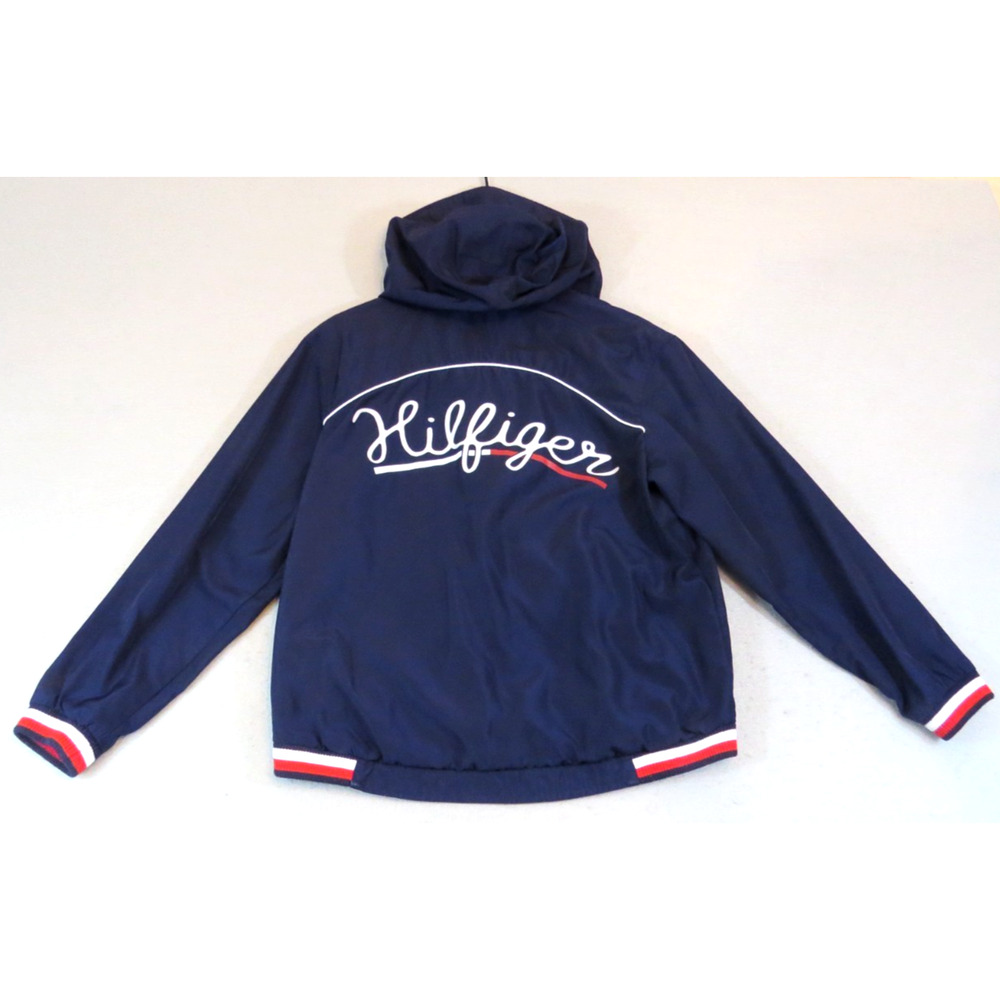 VTG Tommy Hilfiger Spellout Script Logo Back Hooded Windbreaker Jacket XL Navy